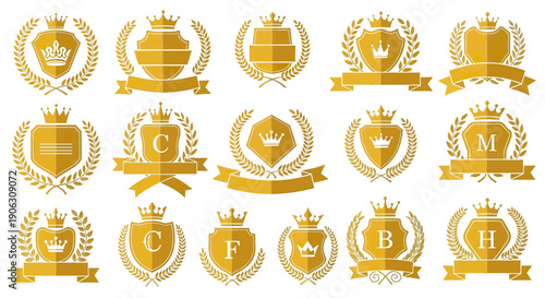 Collection of Golden Heraldic Crests and Emblems with Crowns and Ribbons.