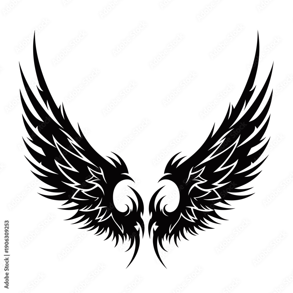 Obraz premium Stylized black tribal wings vector art on a white background, symmetrical and intricate design perfect for tattoos or emblems.