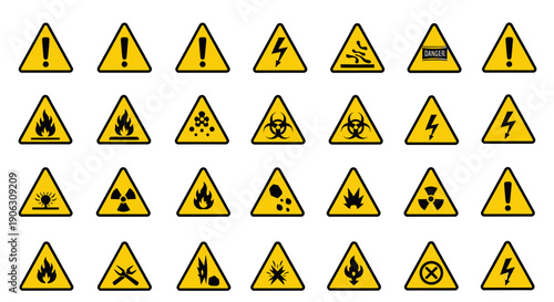 Collection of various yellow triangular warning signs for hazards and dangers.