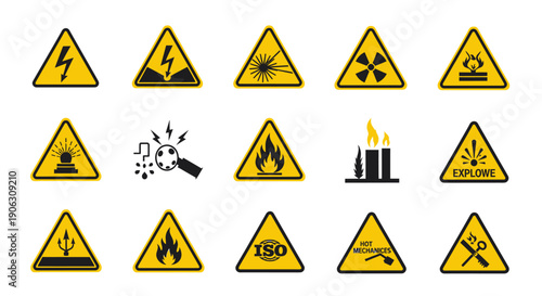 Collection of various yellow triangular warning signs for hazards and safety.