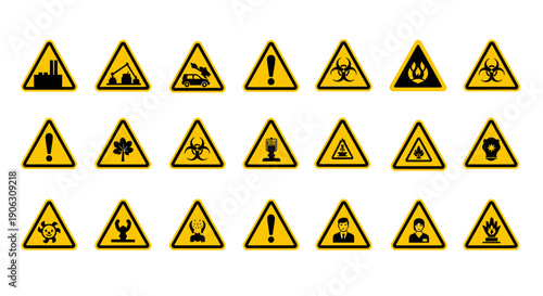 Collection of various yellow triangular warning signs for safety and hazards.