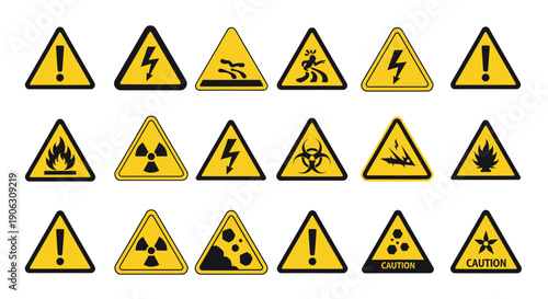 Collection of various yellow triangular warning signs indicating different hazards and cautions.