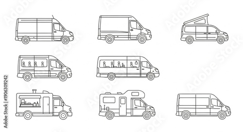 Collection of hand-drawn sketches of various vans and campervans.