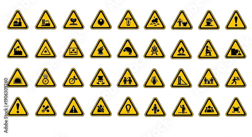Collection of various yellow triangular warning signs with black symbols.