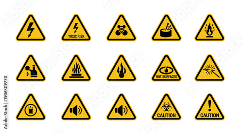 Collection of various yellow triangular warning signs with black symbols.