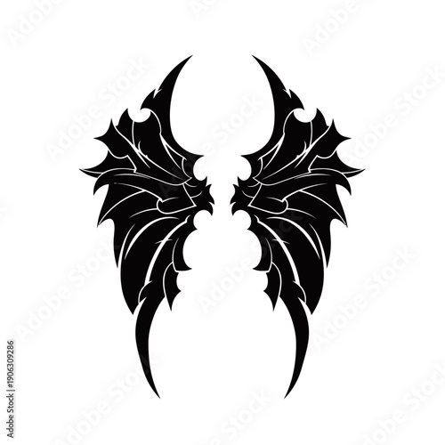 A striking black tribal design of demonic wings spread wide against a white background.