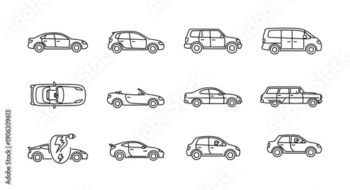Collection of hand-drawn car illustrations in various styles.