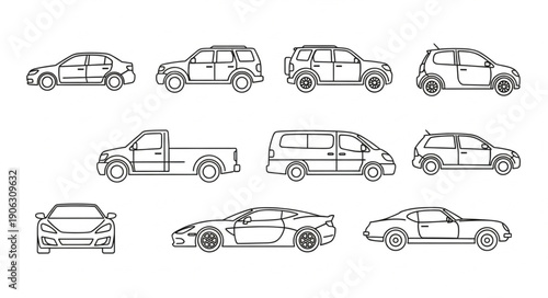 Collection of hand-drawn car illustrations in various styles.