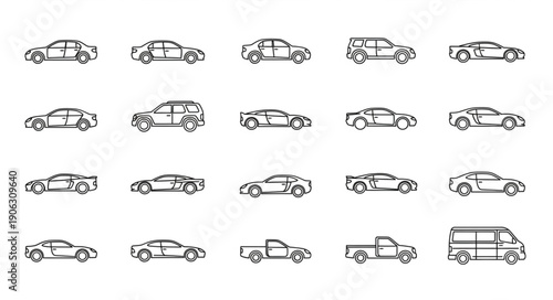 Collection of hand-drawn car illustrations in various styles.