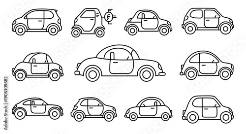 Collection of hand-drawn car illustrations in various styles.