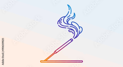 Gradient line art illustration of an incense stick burning with smoke rising peacefully