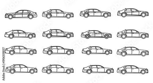 Collection of hand-drawn car sketches in profile view.