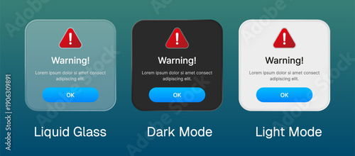 Warning pop up alert error notification with liquid glass style.