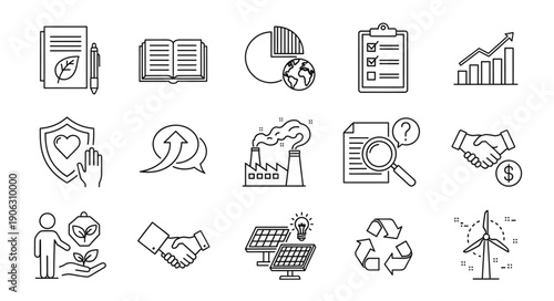 Collection of hand-drawn icons representing business and environmental concepts.