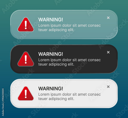 Warning pop up alert error notification with liquid glass style.