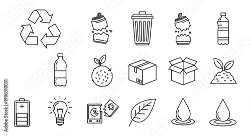 Collection of hand-drawn icons representing recycling and environmental concepts.