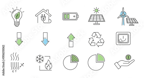Collection of hand-drawn icons representing renewable energy and sustainability concepts.