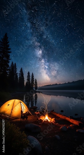 Illuminated campsite sits beside still water beneath a vibrant night sky filled with stars