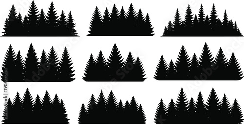 Pine forest silhouettes collection, evergreen spruce trees landscape, black woodland horizon illustration isolated on white background