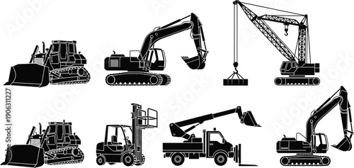 Construction machinery silhouette set featuring excavator, bulldozer, crane, forklift and heavy equipment vehicles in black vector style for industrial design and engineering projects