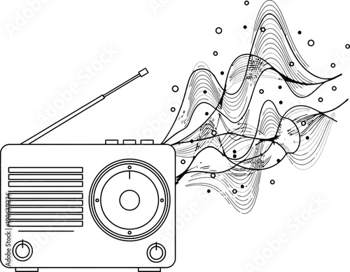 A simple line drawing of a radio with music notes emanating from it.
