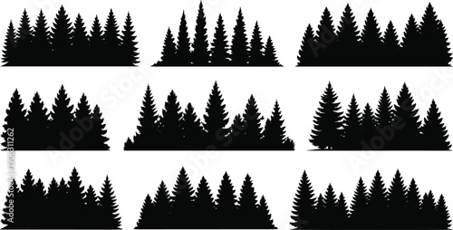 Evergreen pine forest silhouettes set, spruce tree woodland landscape, black conifer horizon illustration isolated on white background