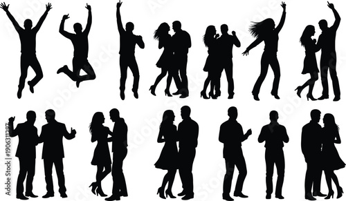 Dancing people silhouette collection showing couples and groups celebrating, jumping, social dancing, party movement and nightlife energy in elegant black vector style
