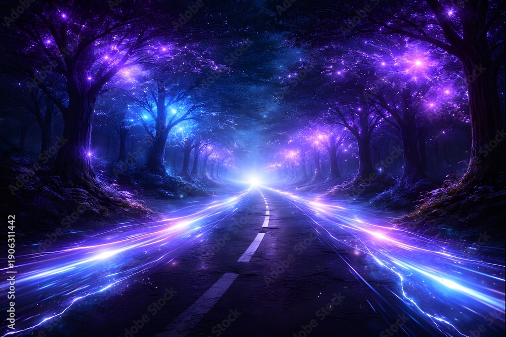Obraz premium Futuristic Neon Forest Road with Glowing Light Trails 