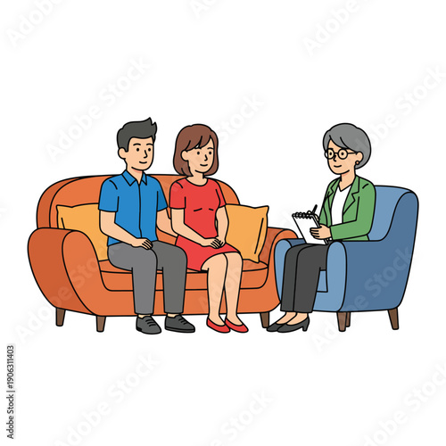 A cartoon couple in therapy with a counselor