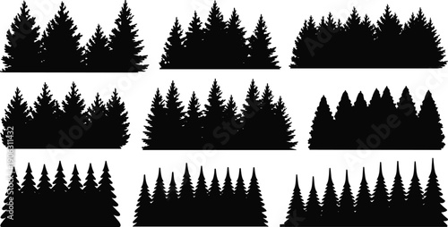 Dense pine forest silhouettes set, evergreen conifer trees landscape, black woodland background illustration isolated on white
