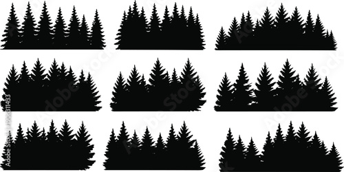 Pine forest silhouettes collection, evergreen trees landscape, black woodland silhouette set, nature background illustration isolated