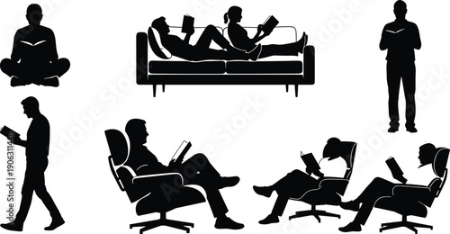 People reading book silhouettes set isolated on white background showing relaxation, learning, leisure activities at home office sofa chair lifestyle illustration and modern daily routine