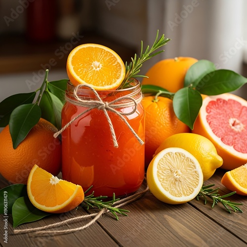 Fresh Citrus Juice in Jar with Assorted Citrus Fruits.
