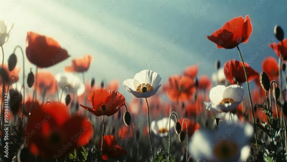 Obraz premium Field of red and white poppies in sunlight.