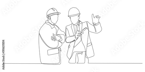 An architect is directing a building foreman regarding the design of a building construction