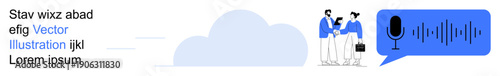 Communication, teamwork, digital services, voice recognition, discussion, technology. A voice icon with sound waves and two professionals interacting. Communication and digital services concepts