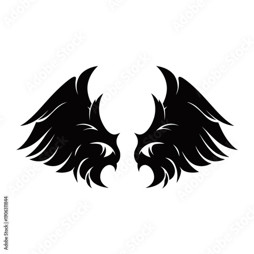 A striking black and white graphic illustration of a pair of stylized demonic wings.