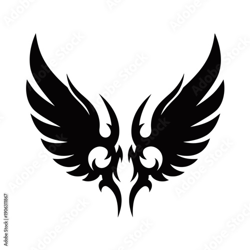 A striking black tribal wing design with sharp, angular feather tips and ornate swirling patterns at the base.