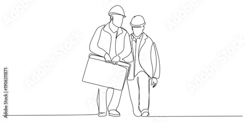 two building architects walk together into the field to work