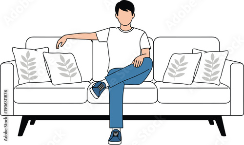 Relaxed young man sitting on modern sofa illustration, casual lifestyle concept showing home comfort, leisure time, minimal interior design, and everyday living isolated on white background