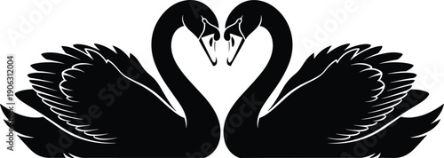 Romantic swan couple silhouette forming heart shape with wings, symbol of love, romance, marriage, devotion, elegance, harmony, and timeless relationship illustration