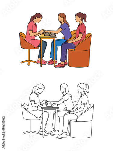 Nail technician performing a manicure on a client while another woman waits in a beauty salon