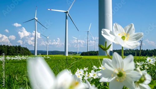 Wind Turbines and White Flowers in a Green Field on a Sunny Day.