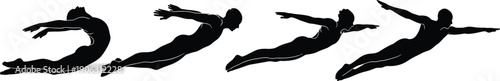Sequence of human body silhouettes showing dynamic swimming or flying motion, progressive movement study illustration in black shapes isolated on white background