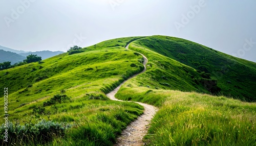 Winding Path Through Lush Green Hills Under a Bright Sky.