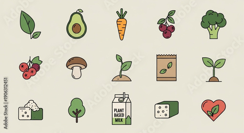 Collection of healthy food and plant icons for healthy lifestyle.