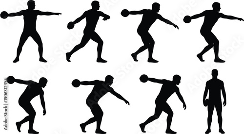 Set of male athlete silhouette poses performing discus throw motion sequence, dynamic sports action figures isolated on white background, track and field training concept illustration