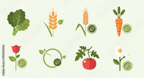 Collection of healthy food and plant icons for healthy living.