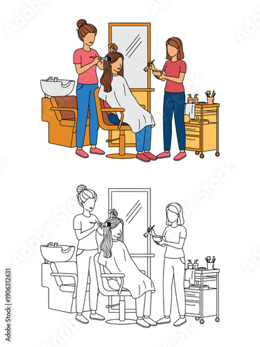 Two stylists coloring hair, woman in cape sitting in chair, professional equipment setup
