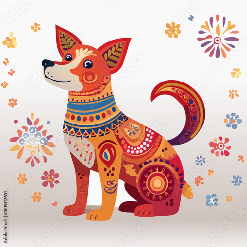 Vibrant folk art inspired dog illustration, adorned with intricate geometric and floral patterns, embodying a festive and culturally rich aesthetic perfect for design projects and celebrations